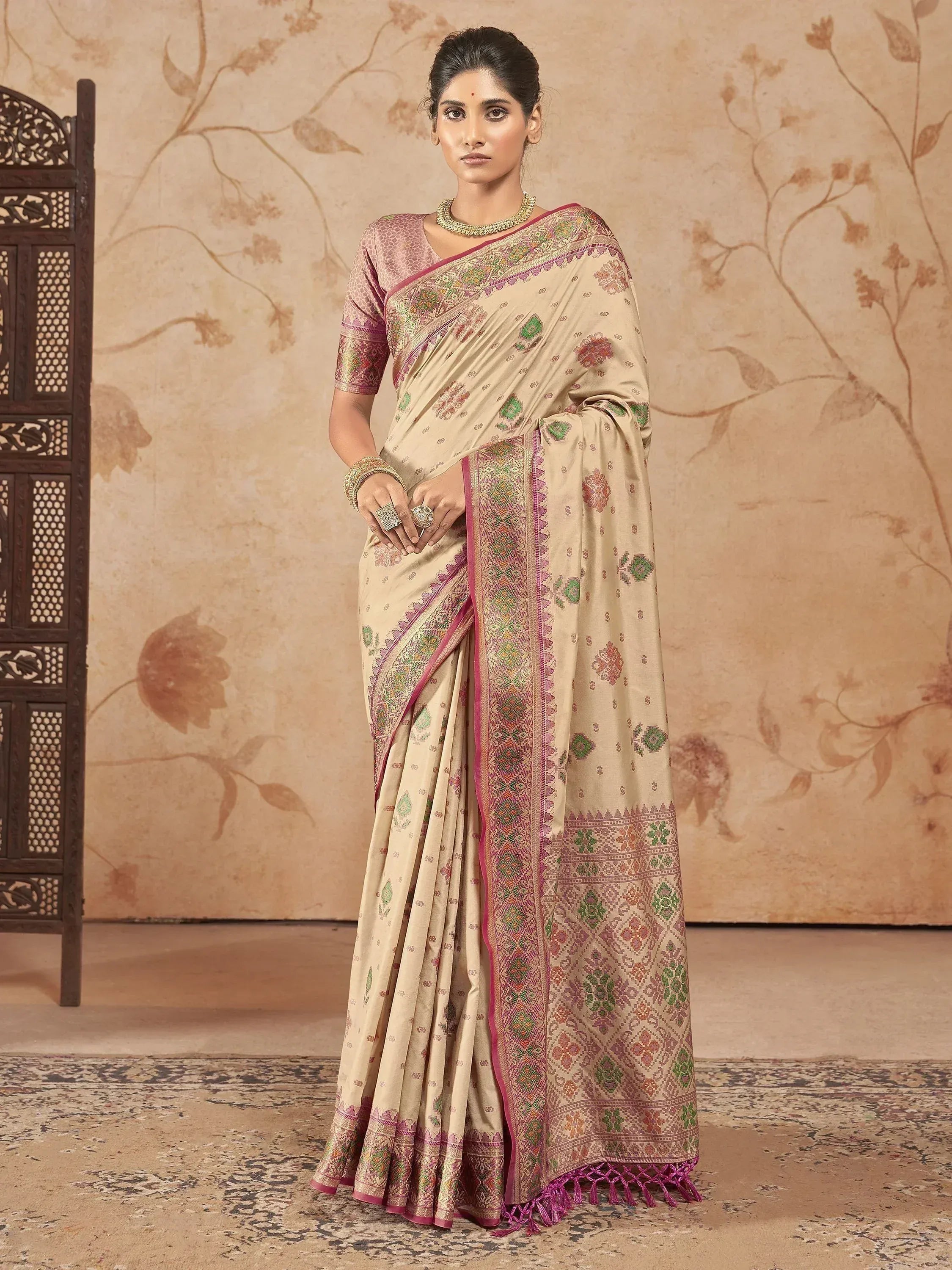 Beige floral saree with pink border, ethnic Indian wear for women, traditional designer saree