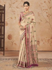 Wonderful Beige Zari Weaving Patola Silk Event Wear Saree With Blouse