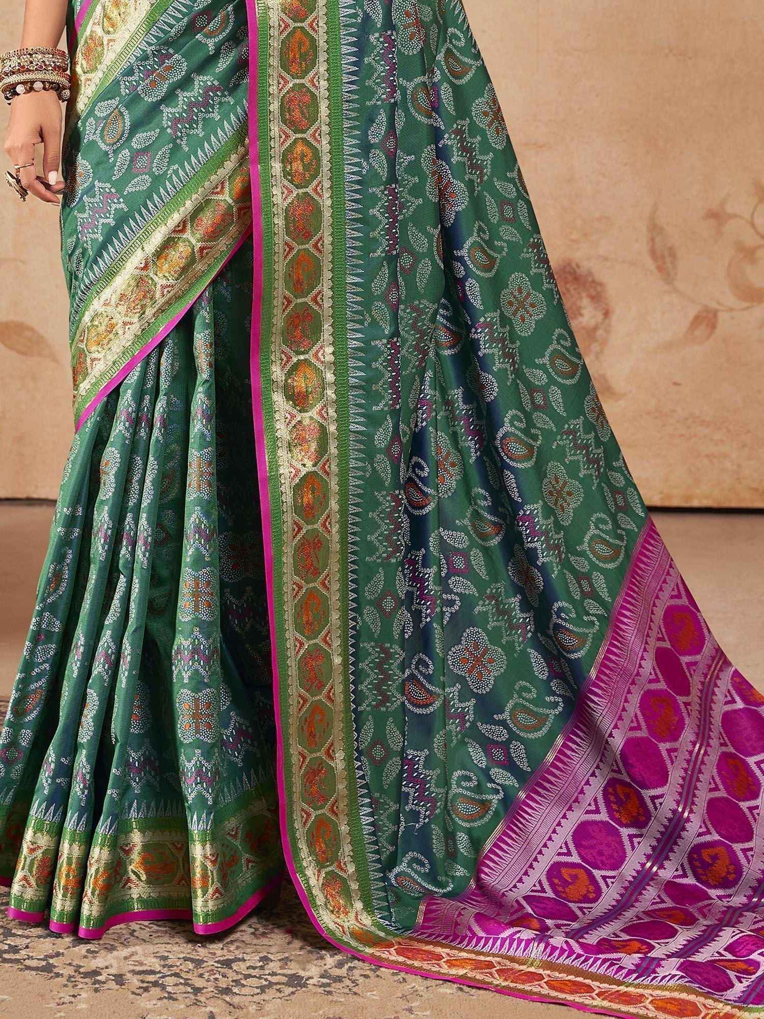 Green printed saree with pink border, ethnic Indian wear, traditional designer saree