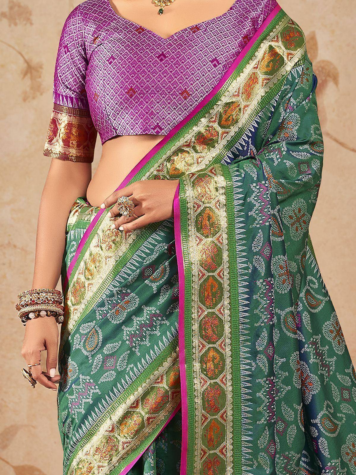 Green printed saree with purple blouse, ethnic Indian wear, traditional designer saree with intricate patterns