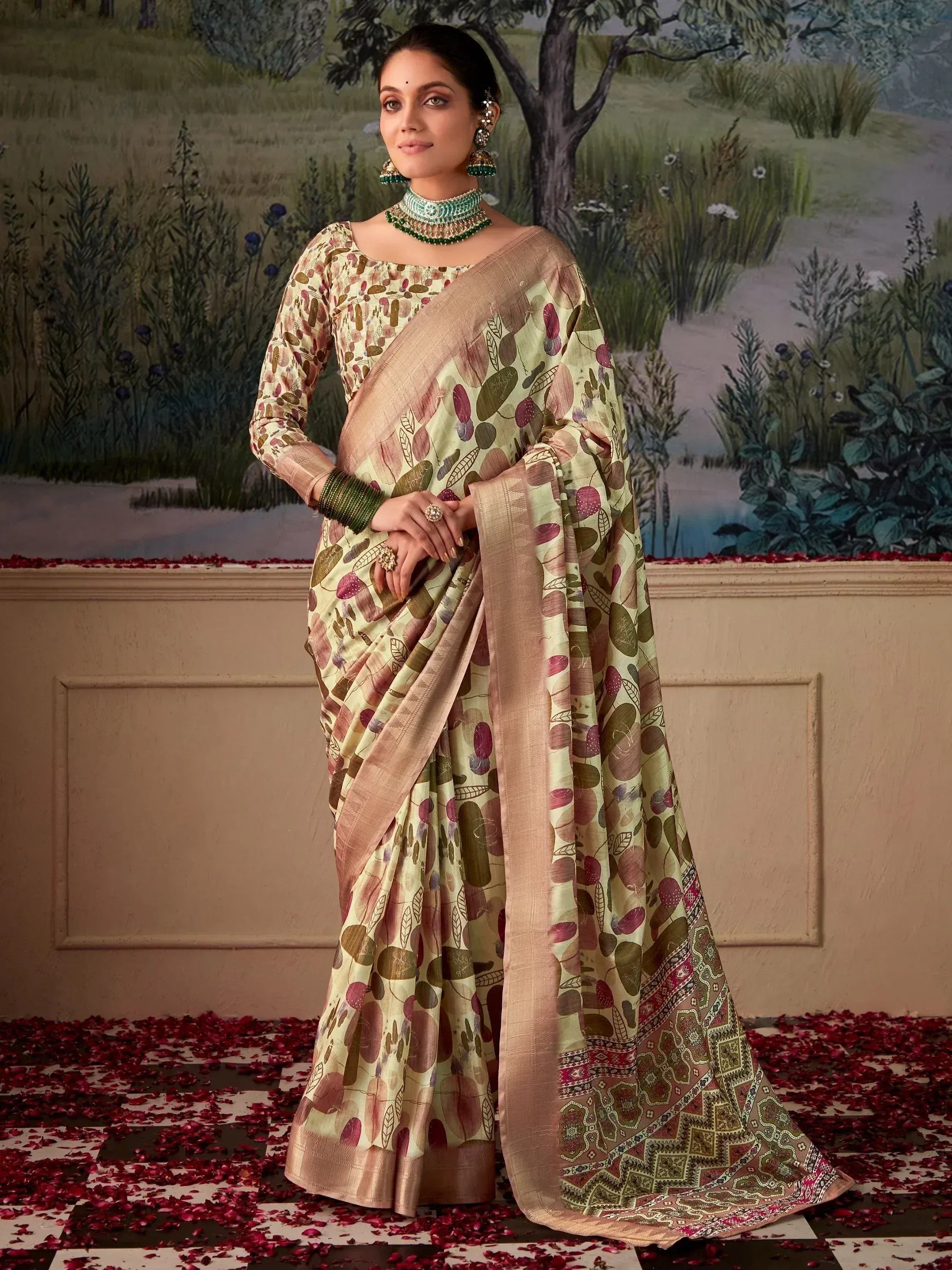 Elegant printed saree with floral motifs, perfect for Indian ethnic wear occasions