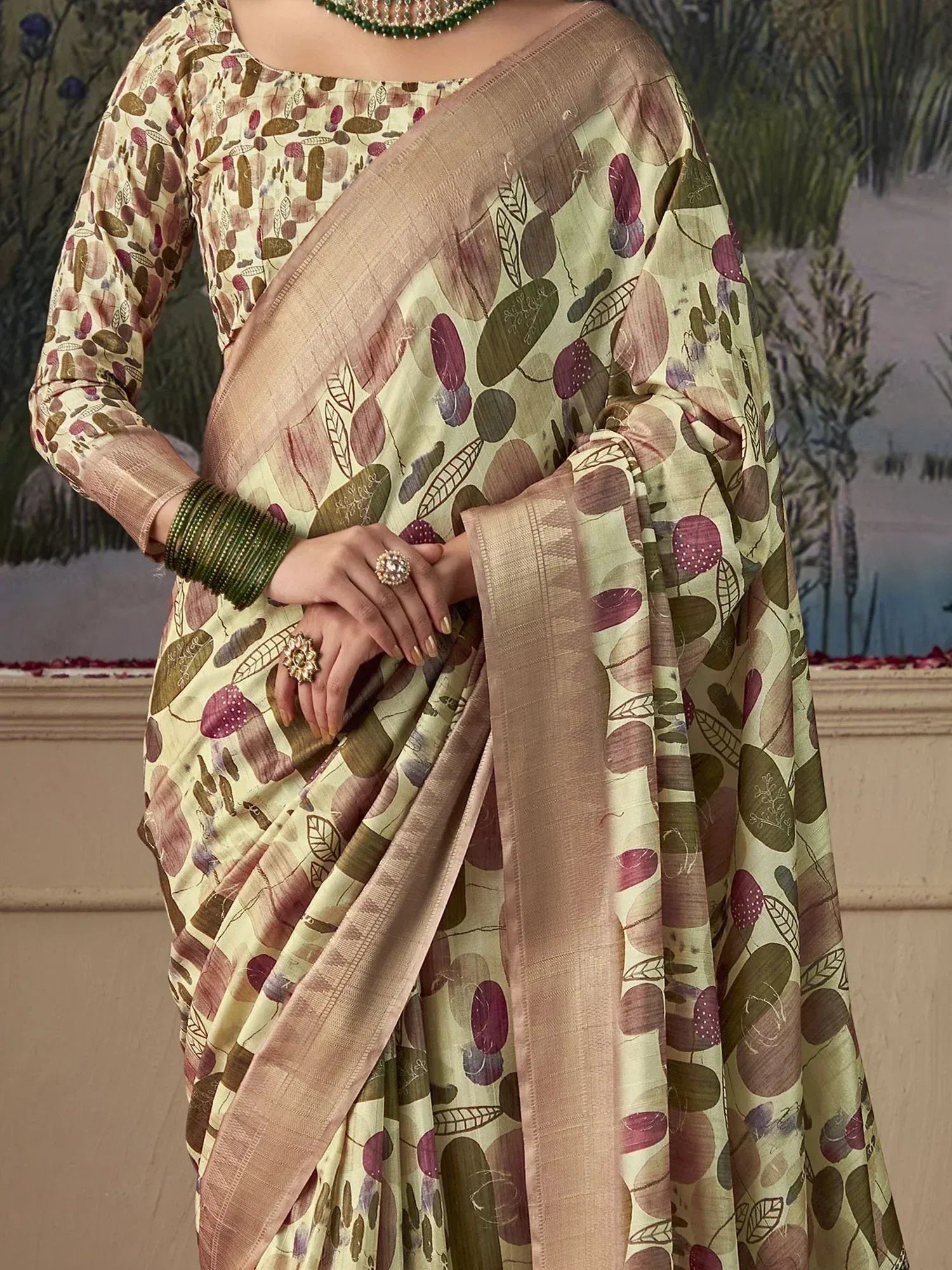 Elegant printed saree with leaf pattern, perfect for ethnic occasions and Indian wear