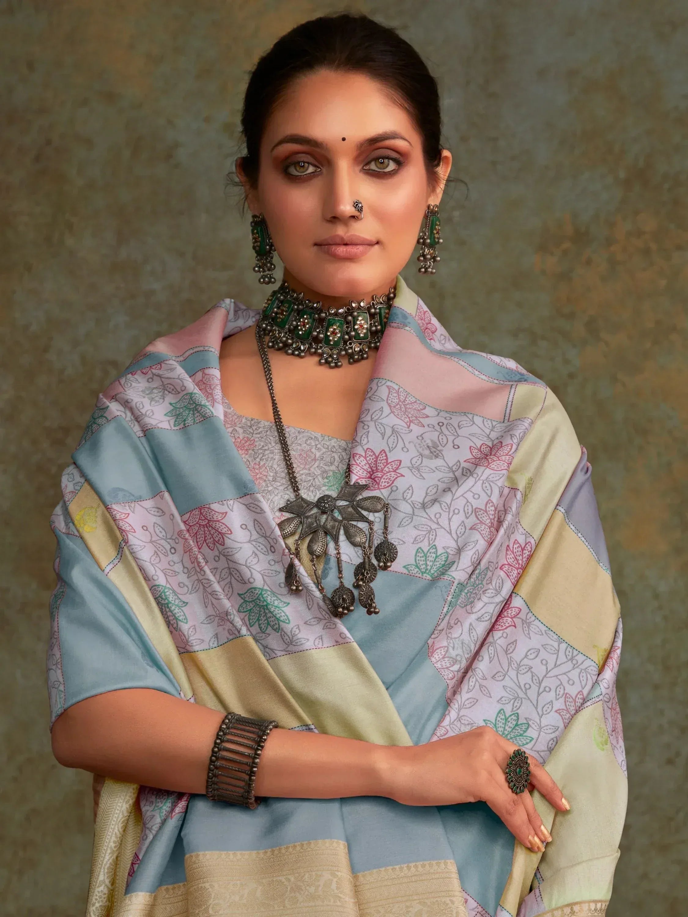 Woman in floral printed saree with antique jewelry, Indian ethnic wear