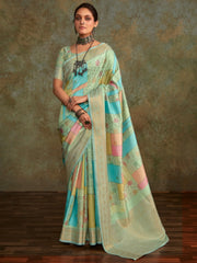 Majestic Pista Green Digital Printed Silk Traditional Saree With Blouse