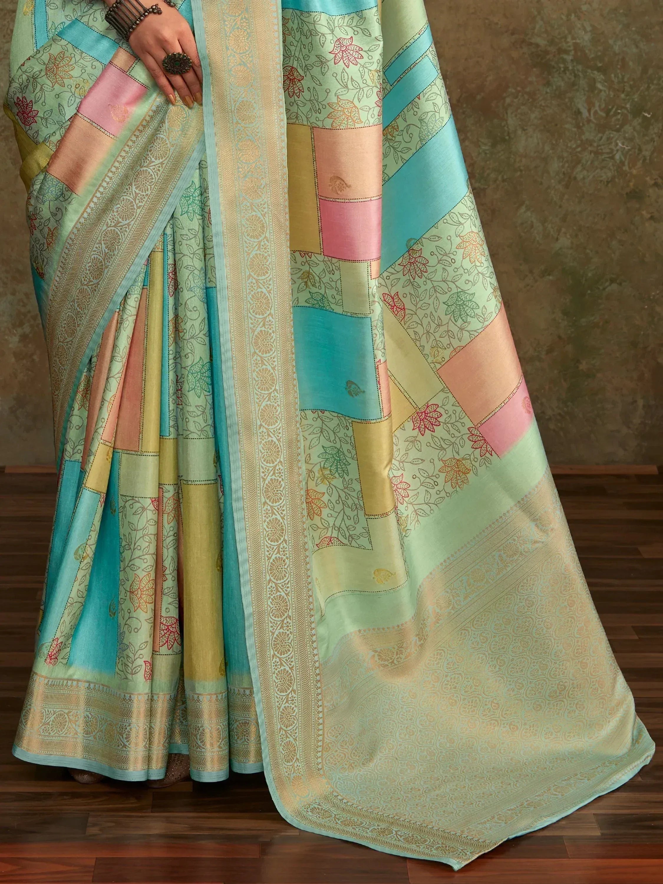 Pastel patchwork saree with floral print and gold border, Indian ethnic wear