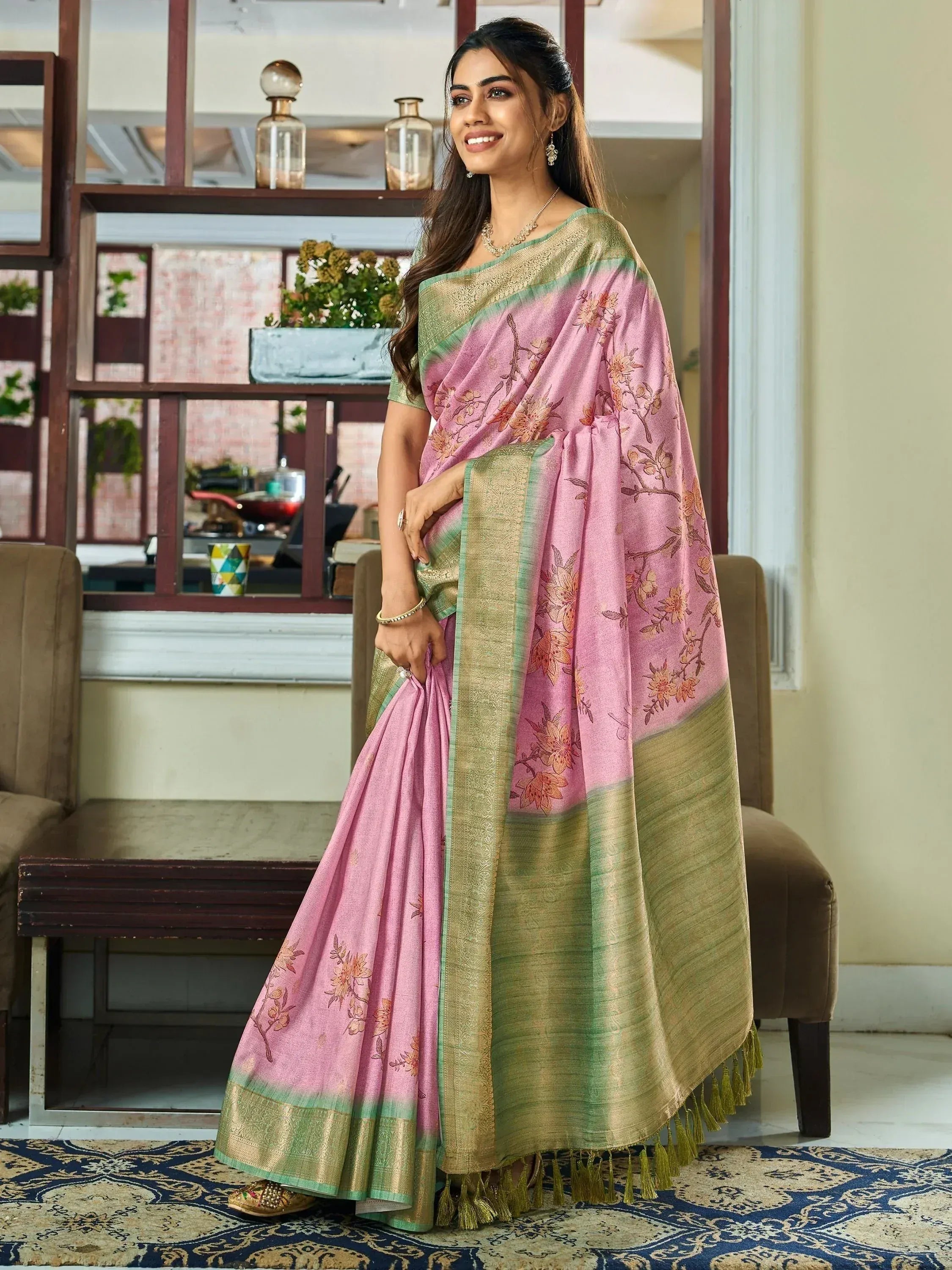 Pink floral saree with green border, elegant Indian ethnic wear for women