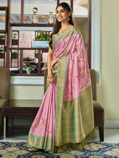 Beautiful Baby Pink Floral Printed Silk Traditional Saree With Blouse