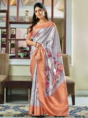 Charming Grey Floral Printed Silk Festival Wear Saree With Blouse