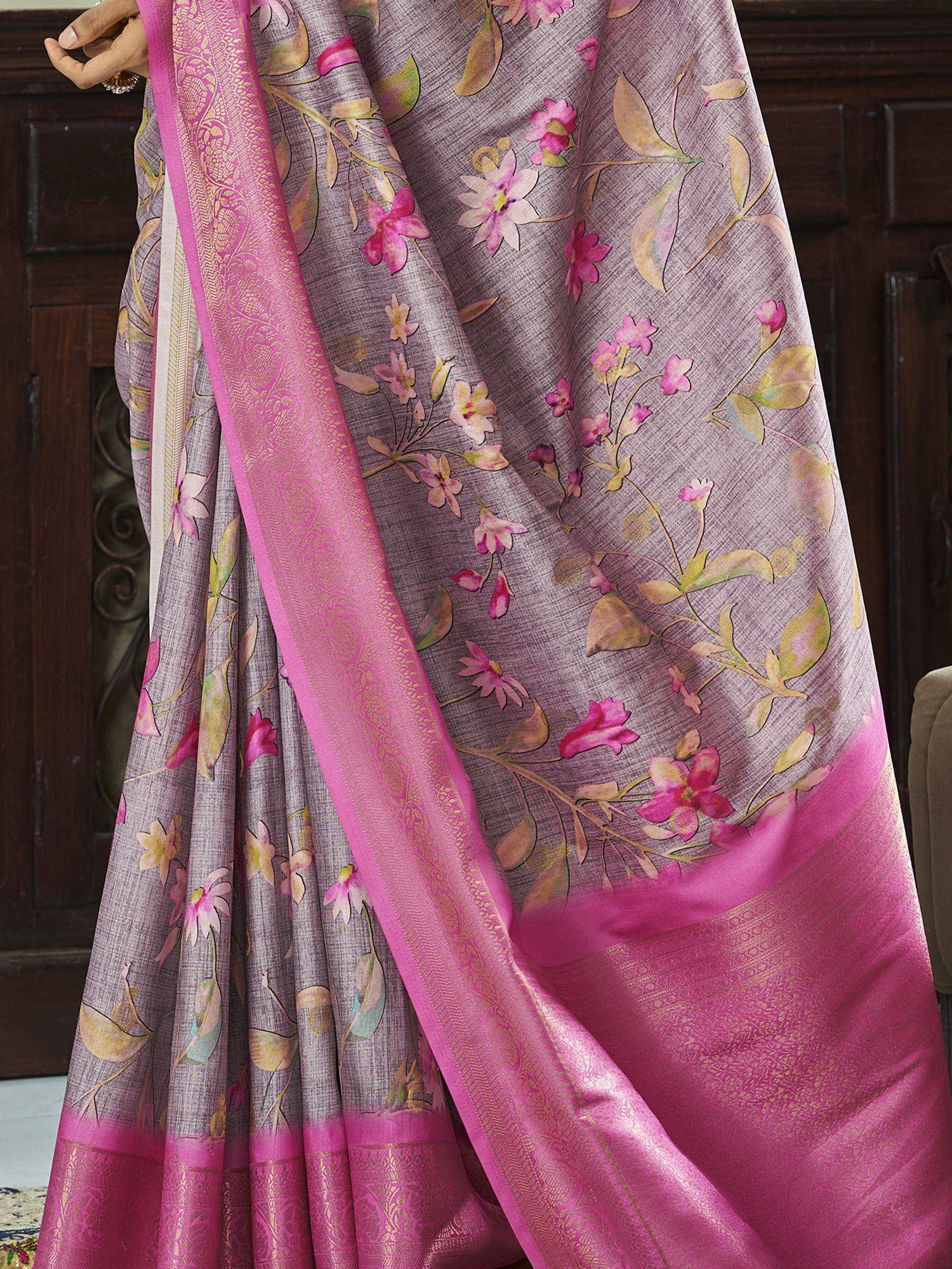 Fascinating Dusty Purple Floral Printed Silk Saree With Blouse