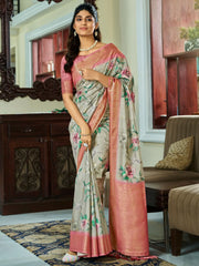 Glamorous Grey Floral Printed Silk Function Wear Saree With Blouse