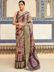 Gorgeous Brown Digital Printed Silk Function Wear Saree With Blouse