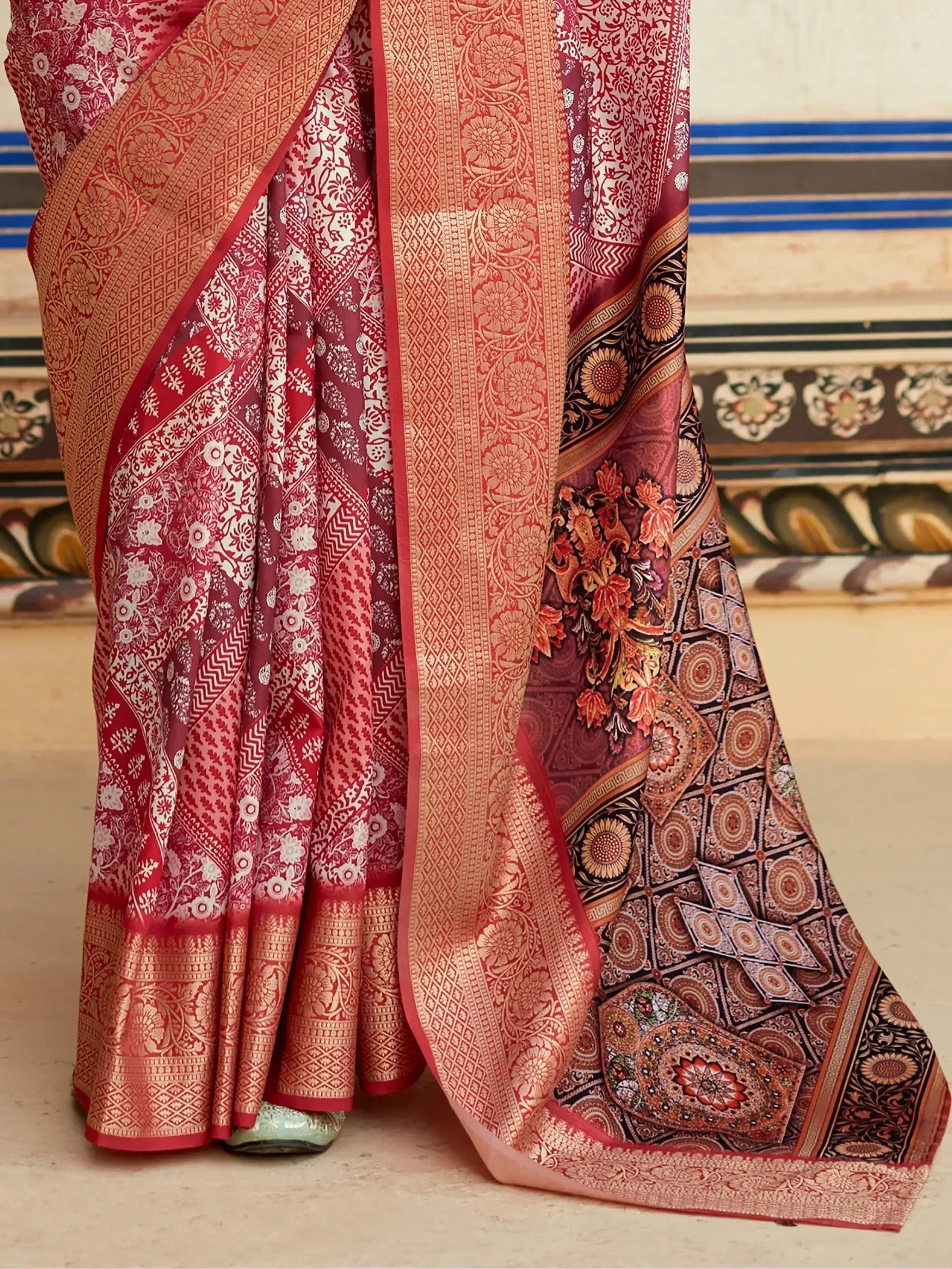 Red and gold floral printed saree with intricate border, ethnic Indian wear