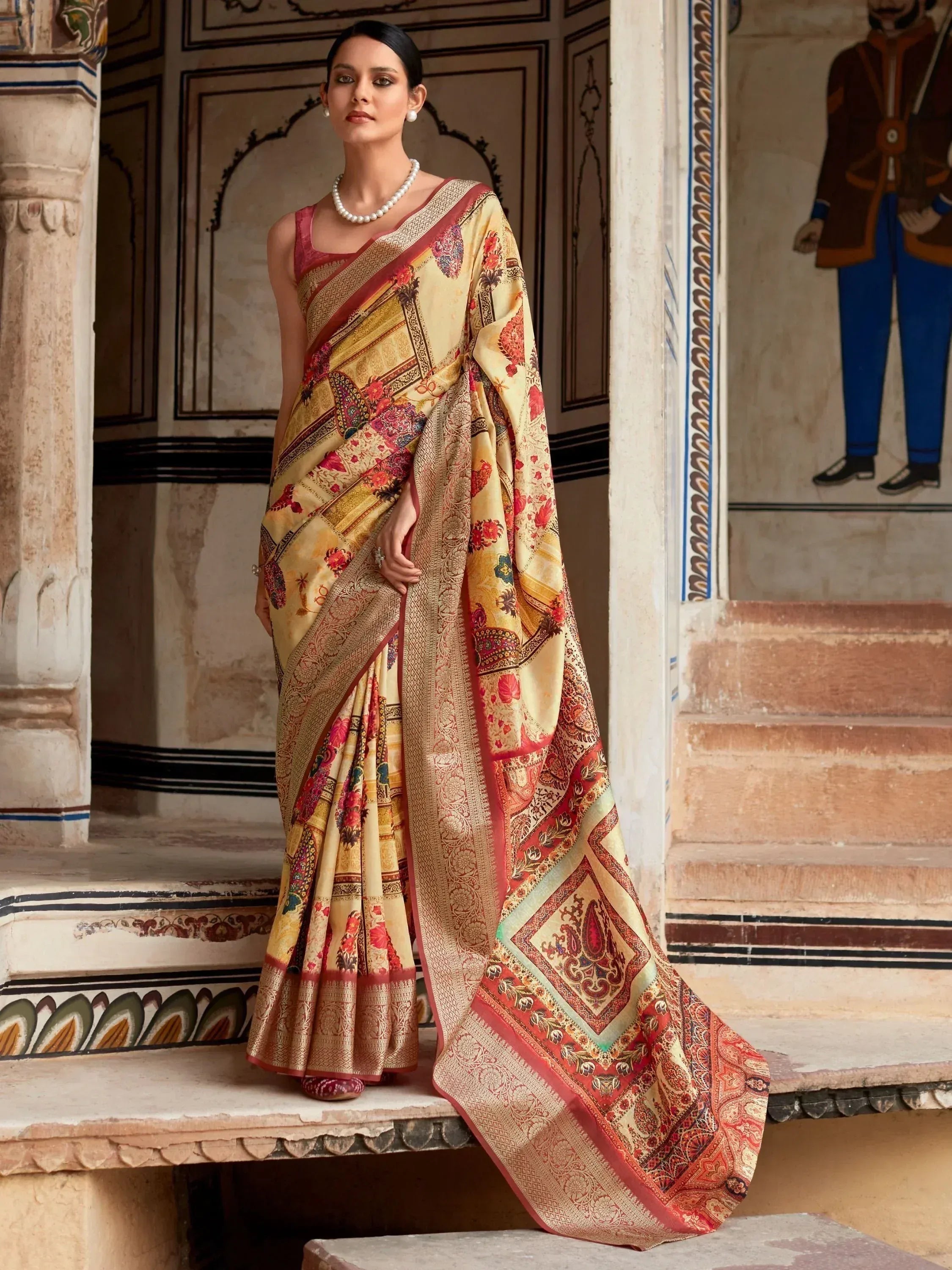 Woman in elegant Indian saree with floral and paisley print, traditional ethnic wear for festive occasions