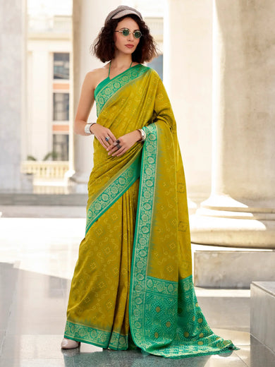 Sweet Olive Green Bandhani Printed Silk Casual Wear Saree With Blouse