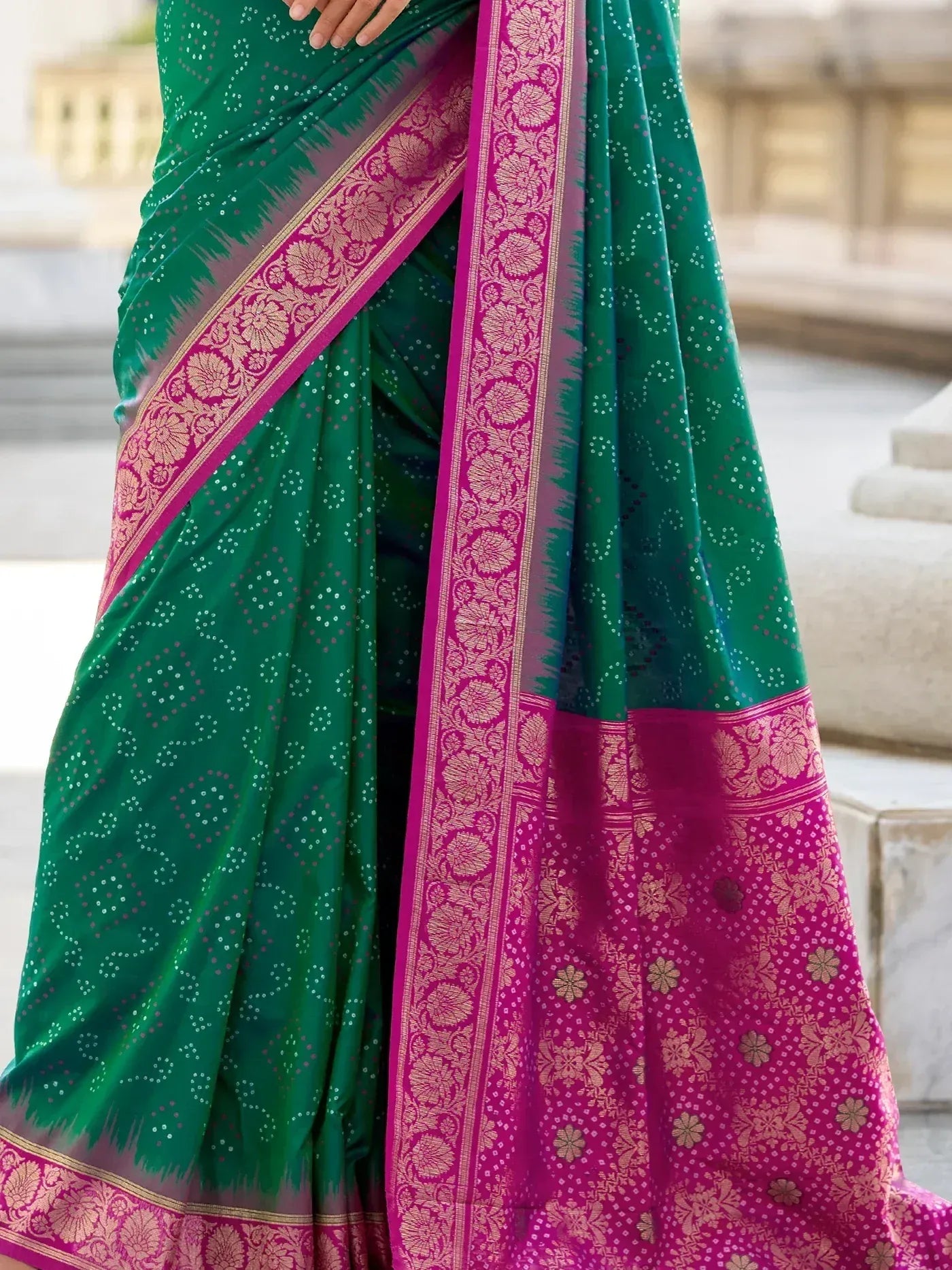 Emerald green saree with pink gold floral border, Indian ethnic wear