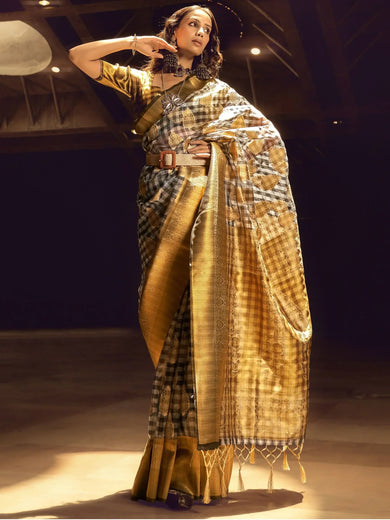 Astonishing Grey & Golden Zari Weaving Organza Festival Wear Saree