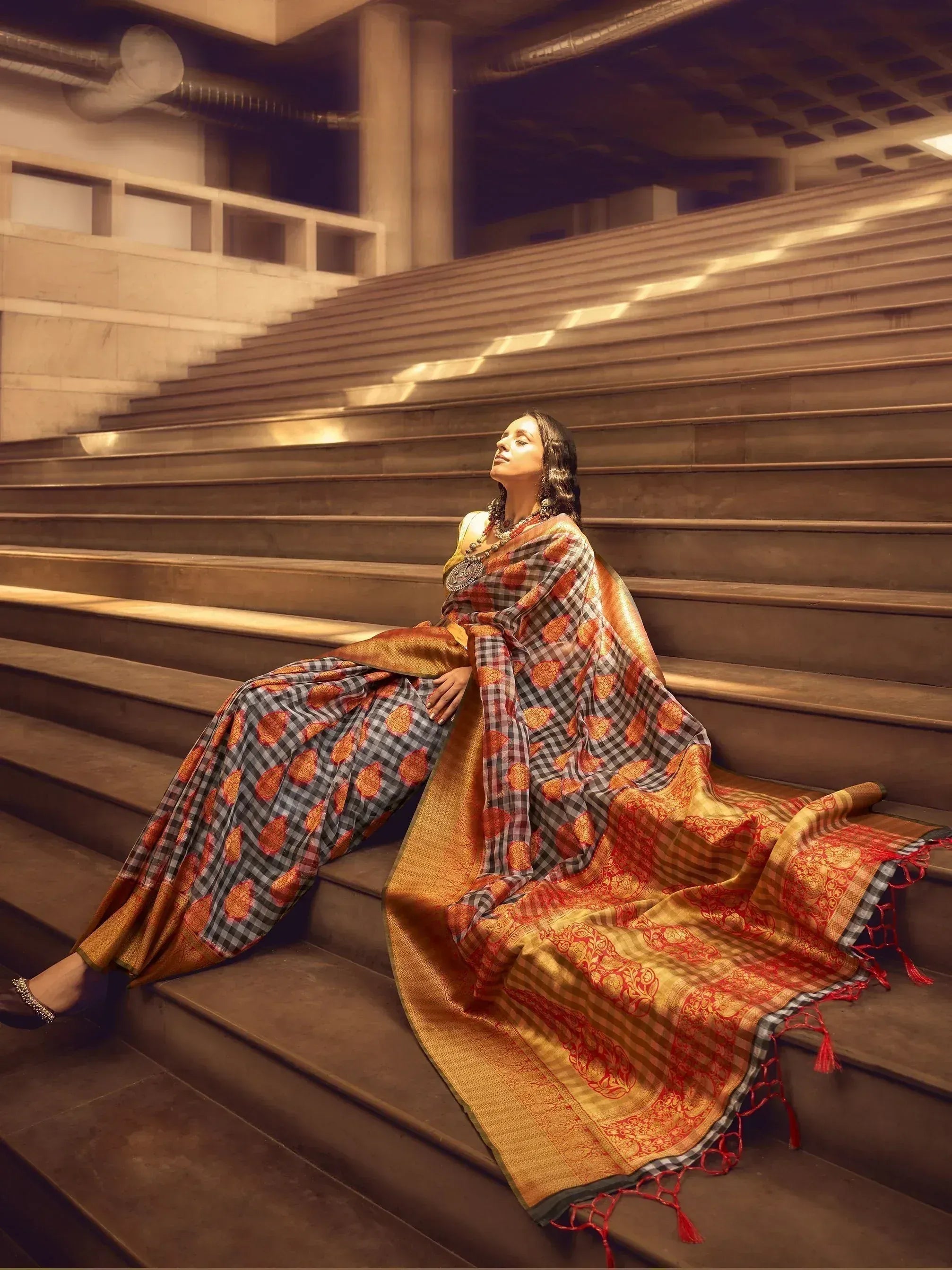Woman in elegant ethnic saree with checkered and floral motifs, sitting on stone steps