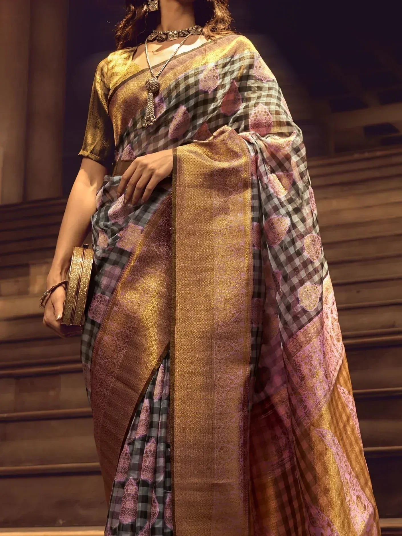 Elegant ethnic saree with checkered print and gold border, paired with designer blouse and jewelry