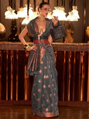 Glamorous Grey Copper Weaving Silk Traditional Saree With Blouse