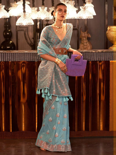 Beautiful Sky-Blue Copper Weaving Silk Event Wear Saree With Blouse