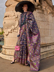 Wonderful Navy Blue Floral Weaving Organza Festival Wear Saree