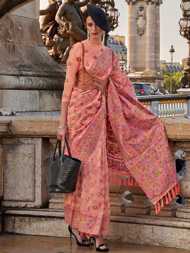 Adorable Peach Floral Weaving Organza Event Wear Saree With Blouse