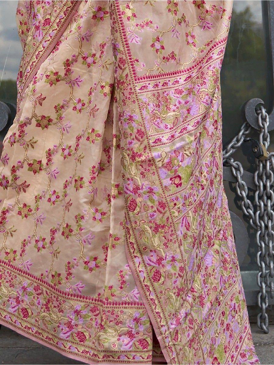 Astonishing Cream Floral Weaving Organza Festival Wear Saree