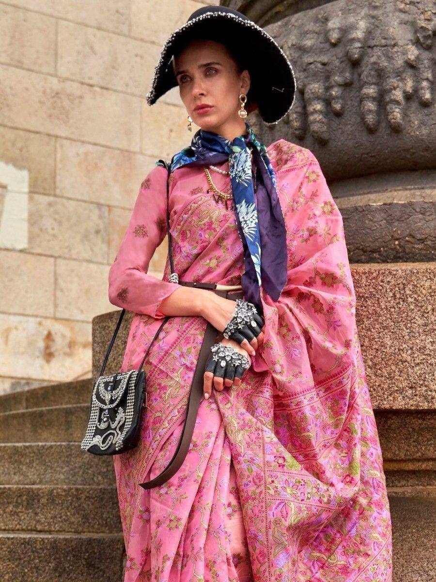 Gorgeous Pink Floral Weaving Organza Saree With Blouse