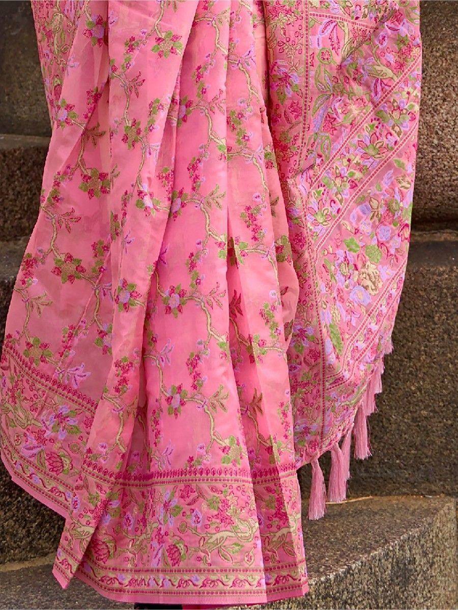 Gorgeous Pink Floral Weaving Organza Saree With Blouse