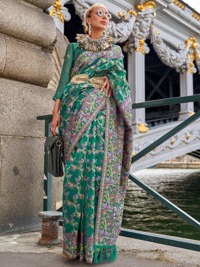 Outstanding Green Floral Weaving Organza Traditional Saree With Blouse