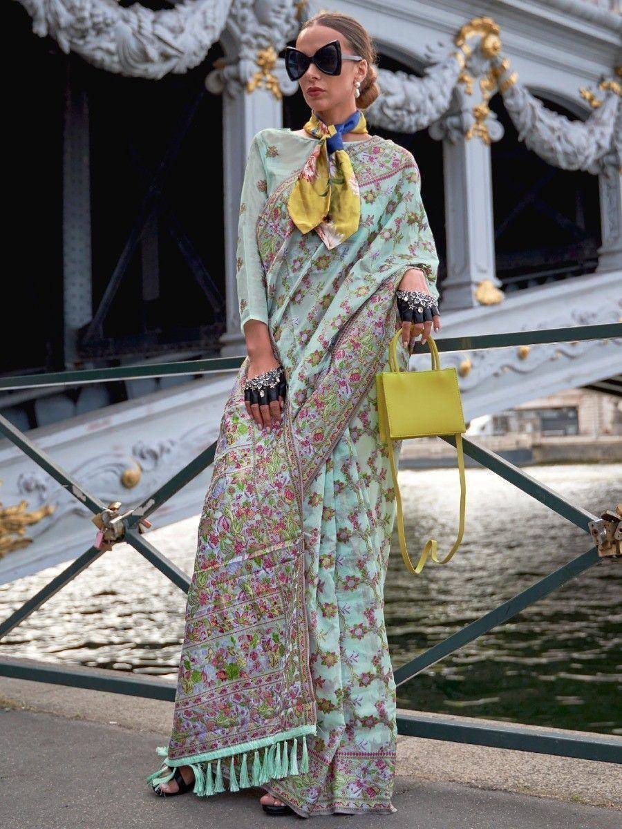 Attractive Sea Green Floral Weaving Organza Event Wear Saree