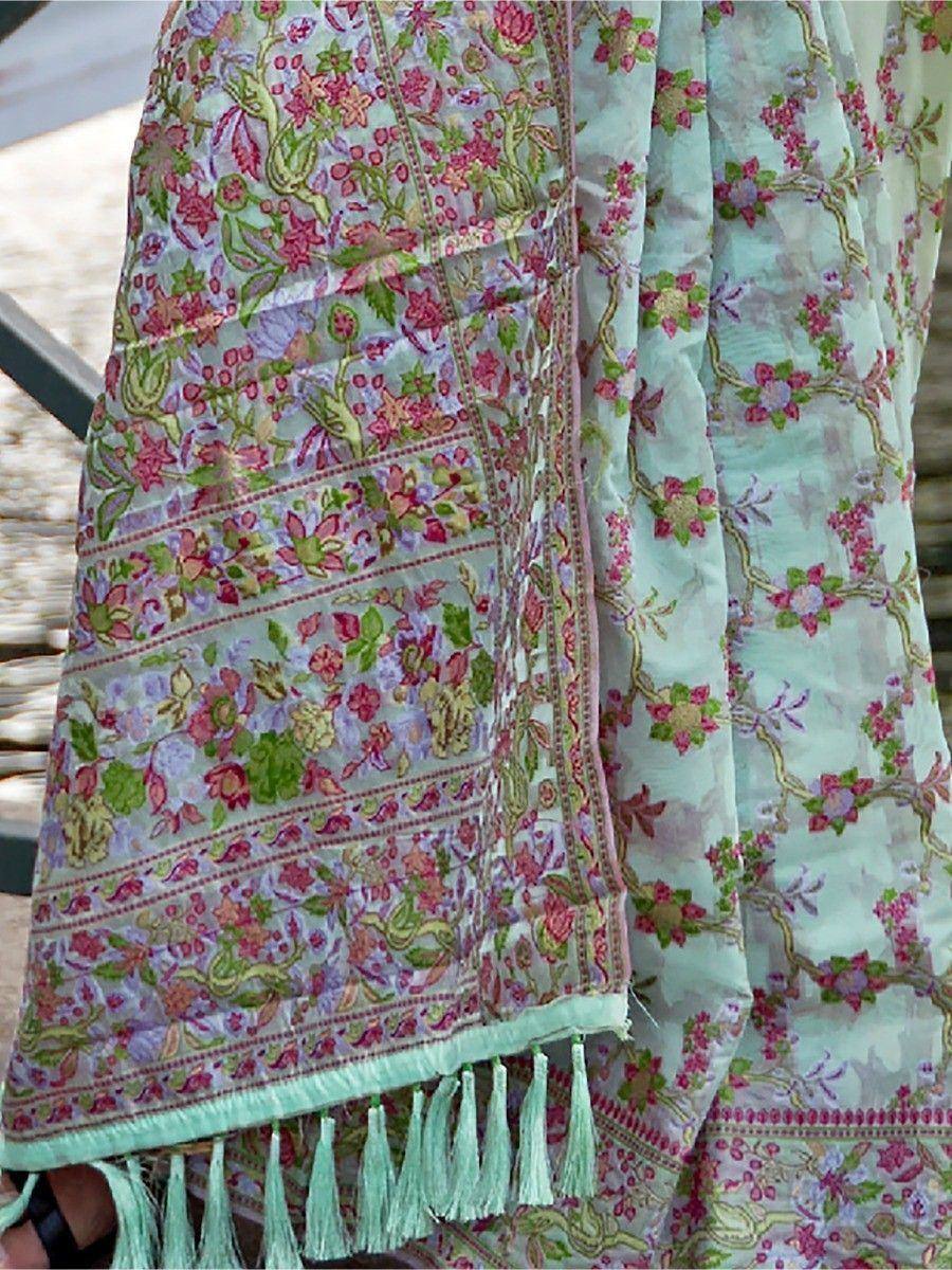 Attractive Sea Green Floral Weaving Organza Event Wear Saree