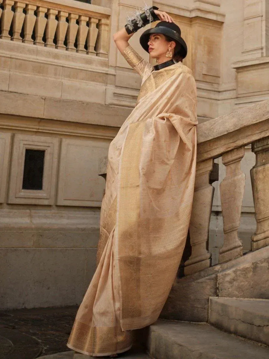 Ravishing Cream Zari Weaving Silk Festival Wear Saree With Blouse
