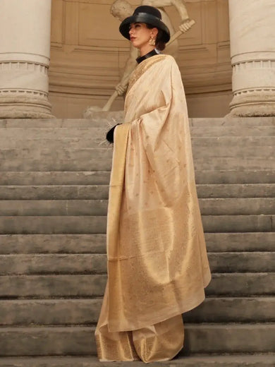 Ravishing Cream Zari Weaving Silk Festival Wear Saree With Blouse