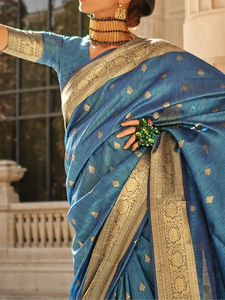 Blue designer saree with gold embroidery, ethnic Indian wear for women