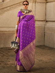 Outstanding Purple Zari Weaving Silk Traditional Saree With Blouse