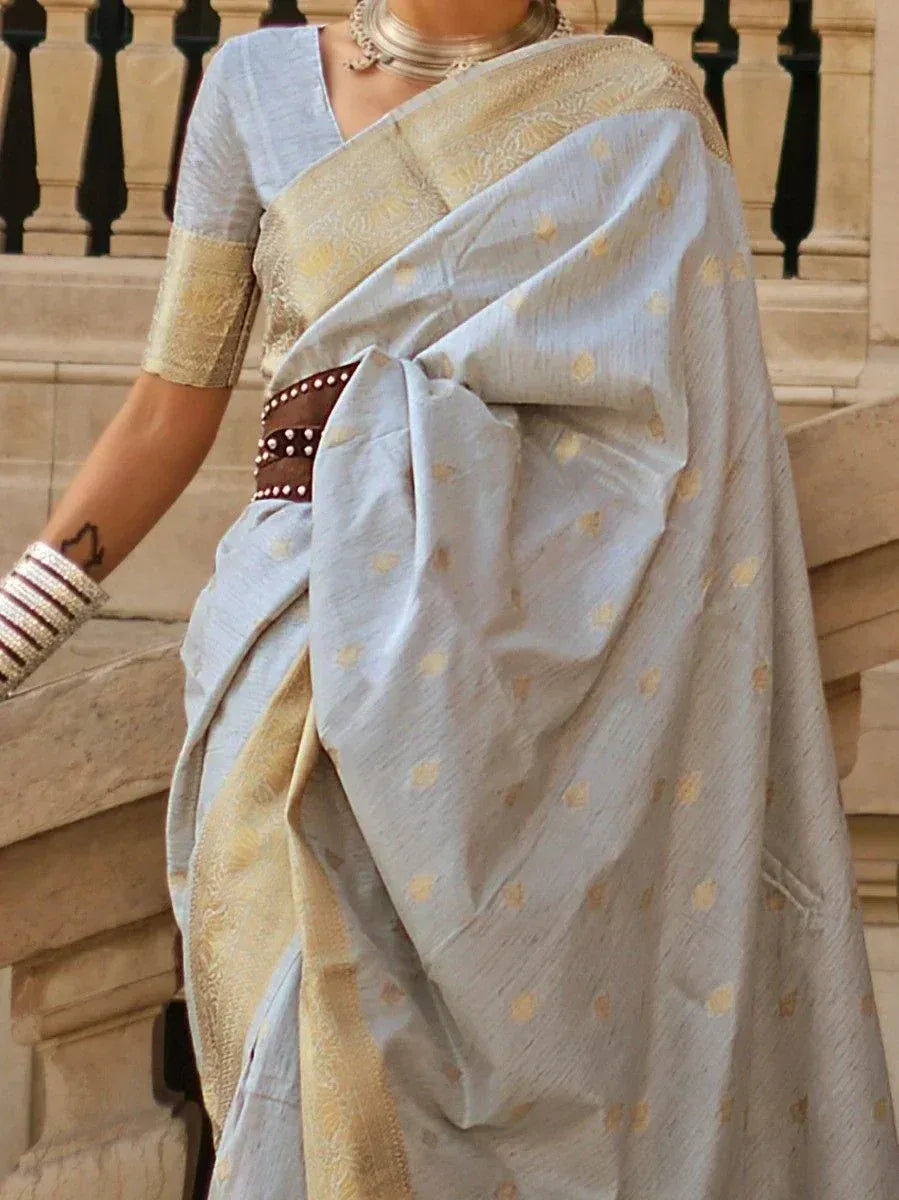 Light blue designer saree with gold motifs and border, paired with ethnic jewelry for traditional Indian wear