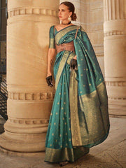 Stunning Teal Green Zari Weaving Silk Function Wear Saree With Blouse