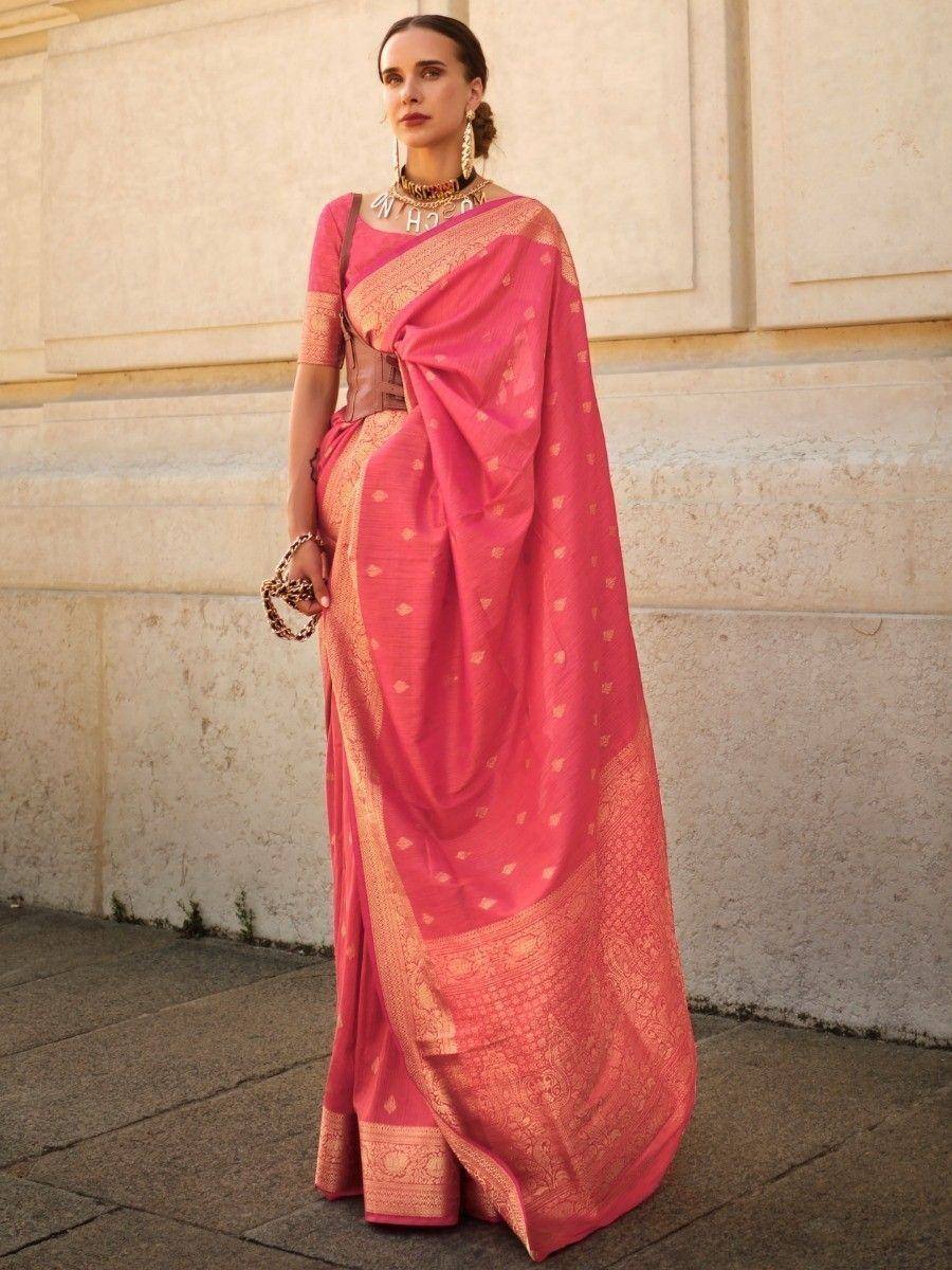 Pink designer saree with gold zari work, perfect for ethnic occasions and Indian weddings