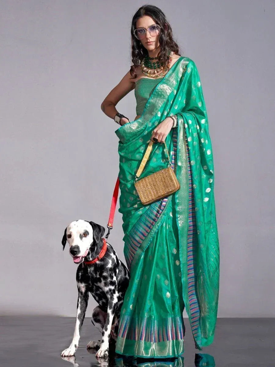 Woman in green designer saree with gold motifs, holding dog on red leash, stylish ethnic wear