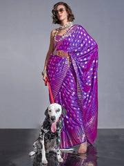 Wonderful Purple Zari Weaving Silk Wedding Wear Saree With Blouse