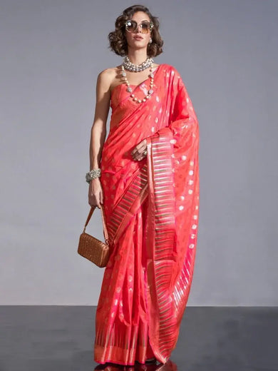 Outstanding Coral Red Zari Weaving Silk Event Wear Saree With Blouse