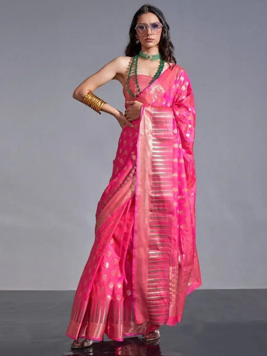 Captivating Pink Zari Weaving Silk Function Wear Saree With Blouse