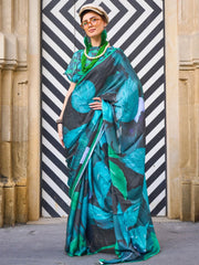 Stunning Black Digital Printed Satin Party Wear Saree With Blouse