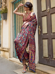 Incredible Maroon Digital Printed Satin Festival Wear Saree With Blouse