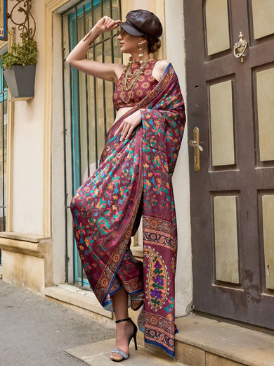 Incredible Maroon Digital Printed Satin Festival Wear Saree With Blouse