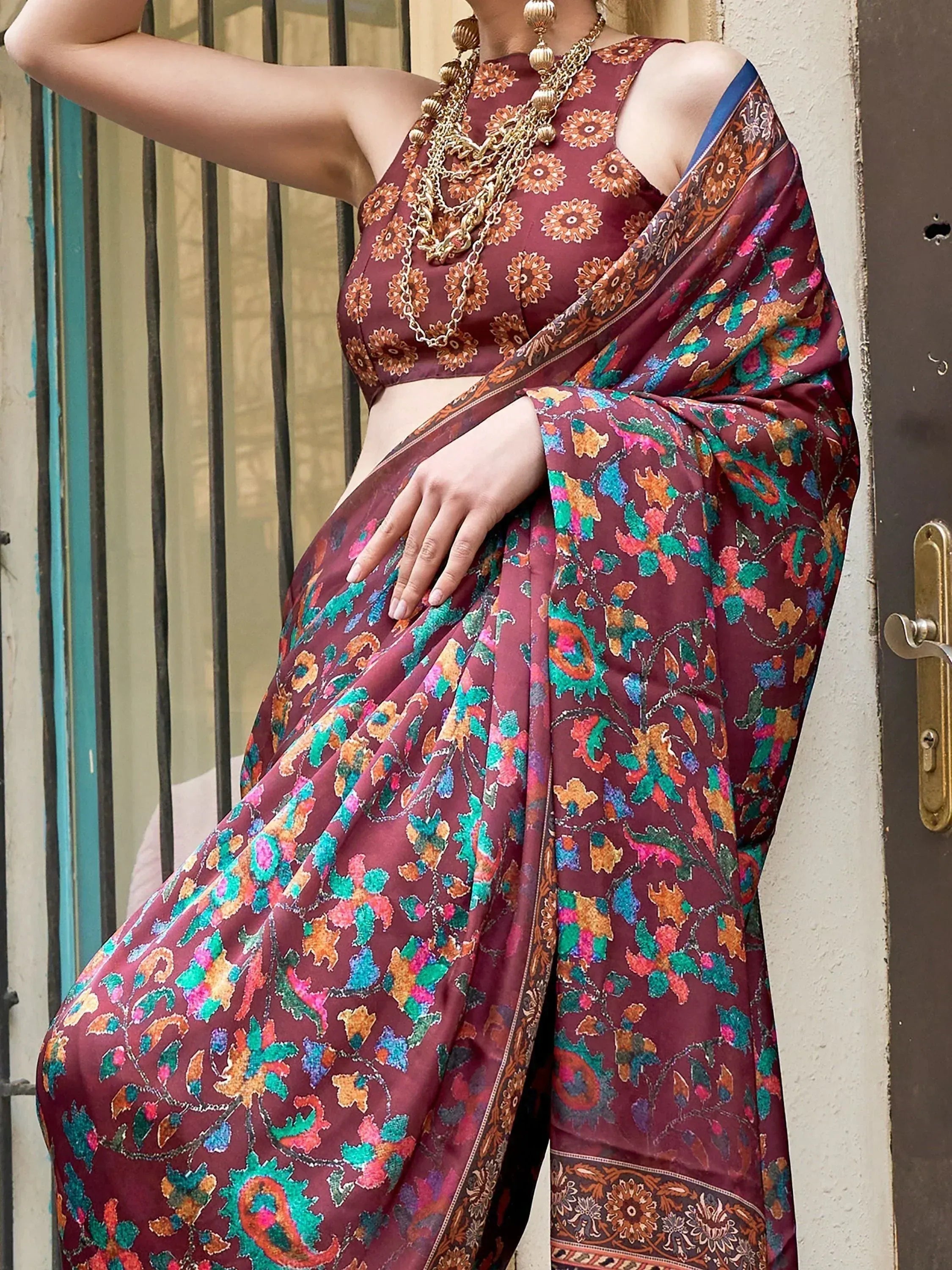 Maroon floral saree with embroidered blouse, traditional Indian ethnic wear for women