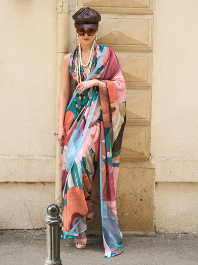 Marvelous Multi-Color Digital Printed Satin Party Wear Saree With Blouse