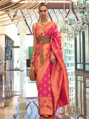 Incredible Pink Zari Weaving Silk Function Wear Saree With Blouse