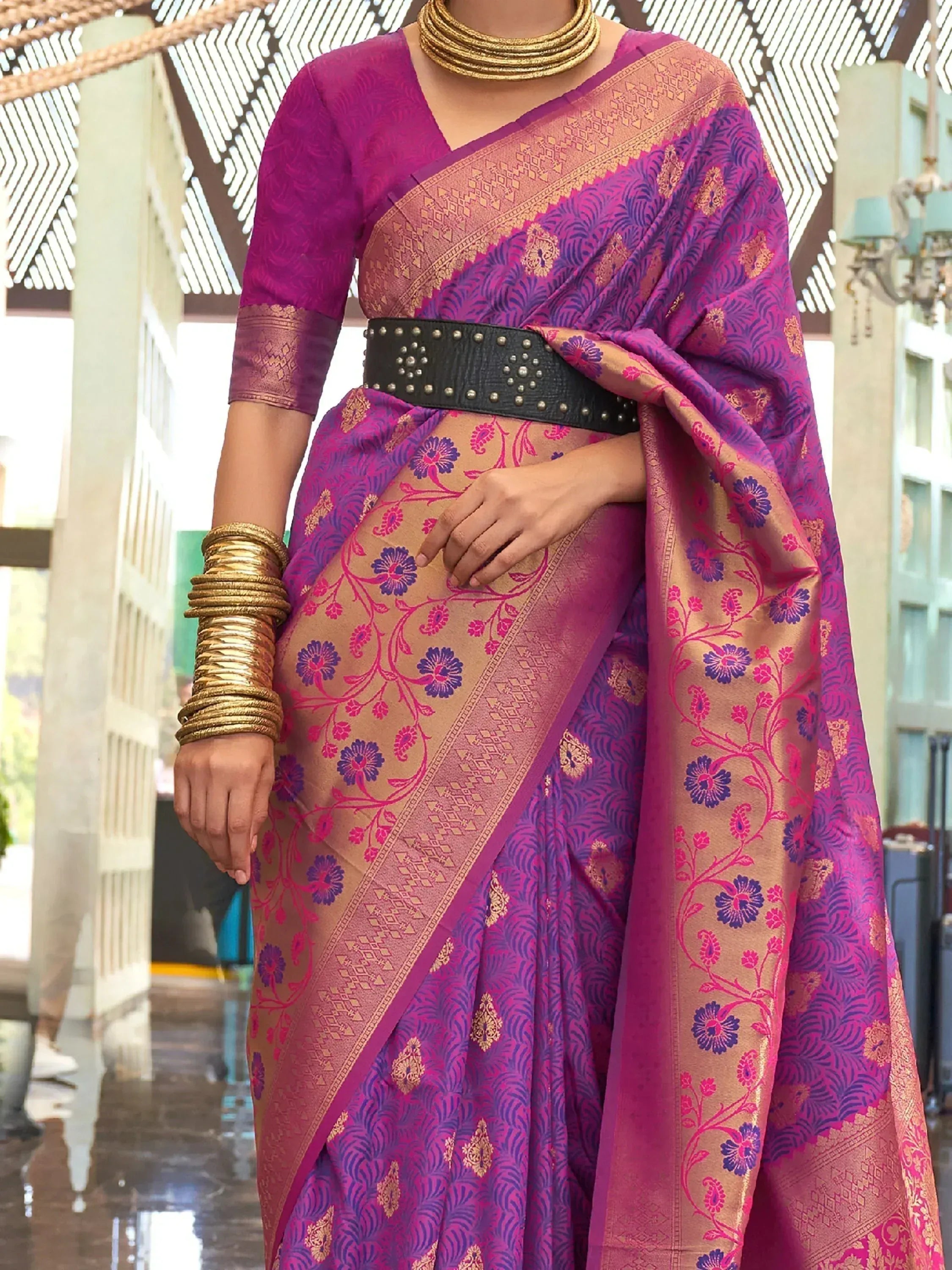 Purple and gold floral saree with designer blouse, ethnic wear for women